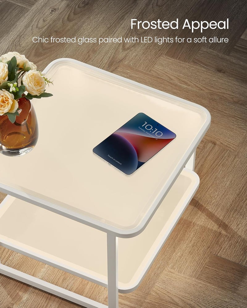 VASAGLE Coffee Tables, Set of 2 Nesting Tables with LED Lights, Modern Square Side Tables, Frosted Glass, Bottom Shelf, for Living Room, Bedroom, Office, Cloud White and Pearl White - Image 5